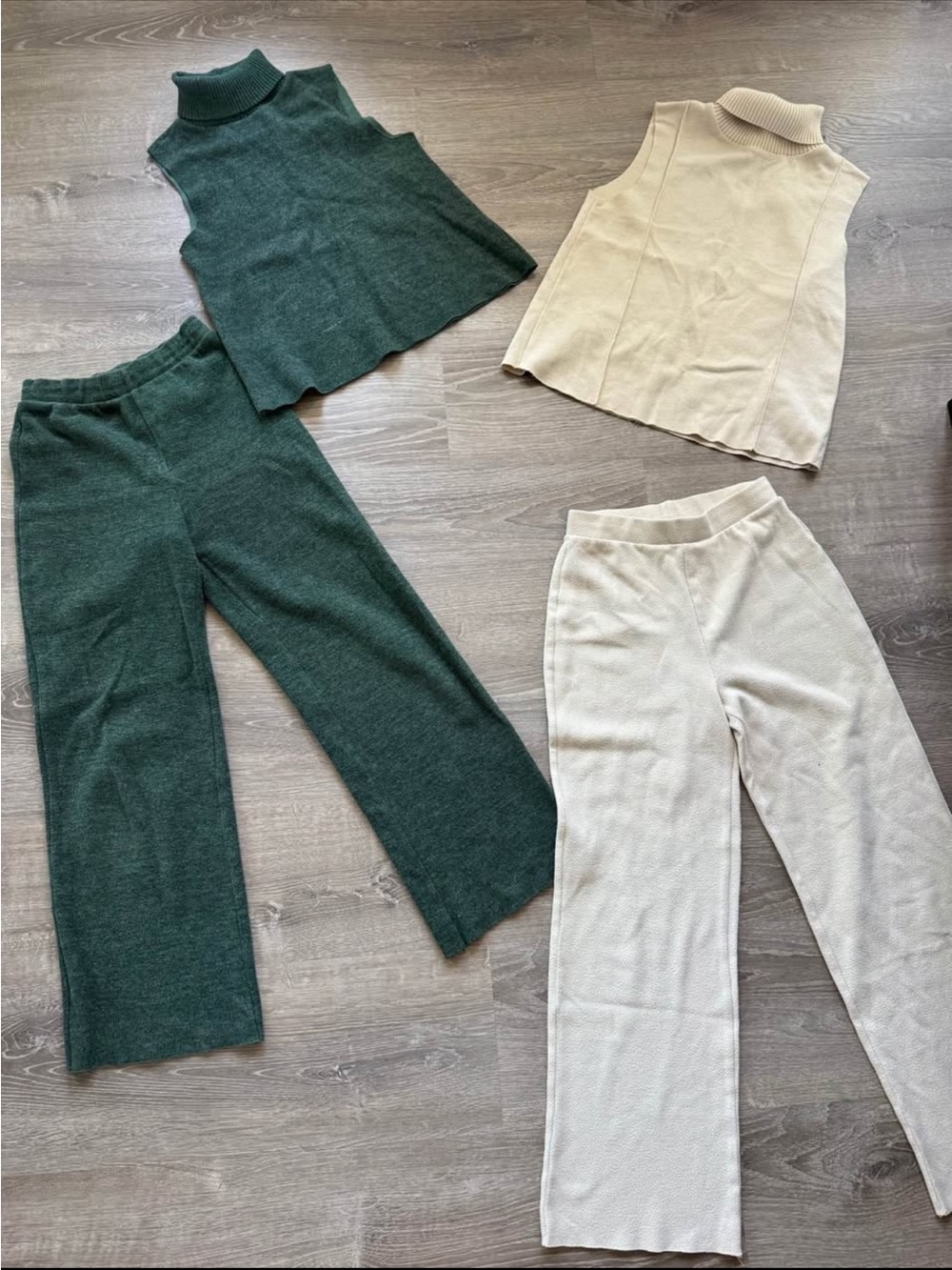 Zara Sleeveless Turtleneck Knit Top and Wide-Leg Pants Set - Dark Green & Cream